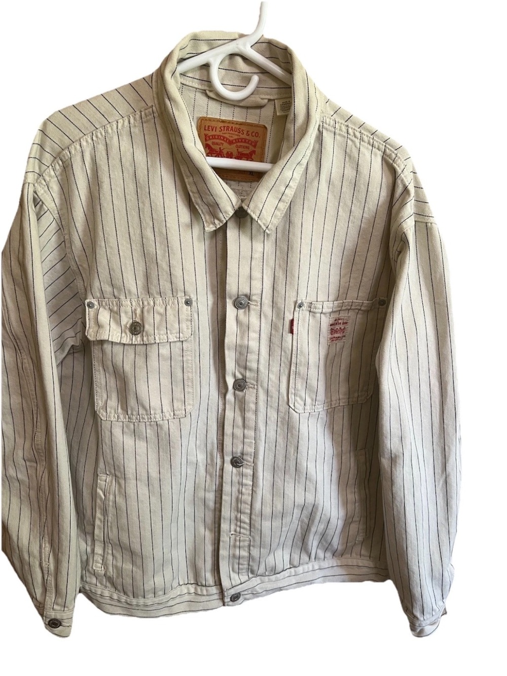 Levi's Sunrise Trucker Jacket XL Bleached Boulevard Stripe Canvas Coat NWOT - Picture 2 of 13